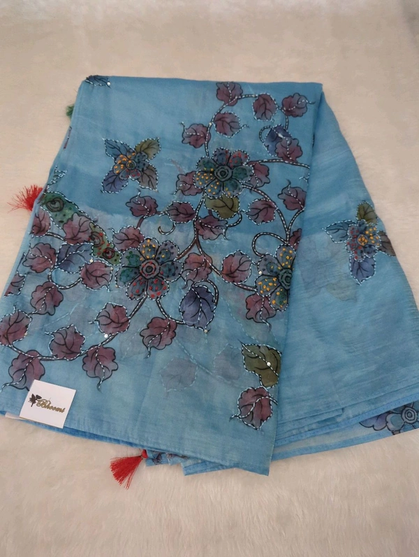 Tusser Crush With Digital & Hand Work  - sky blue