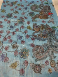 Tusser Crush With Digital & Hand Work  - sky blue