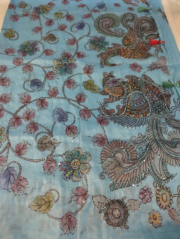 Tusser Crush With Digital & Hand Work  - sky blue