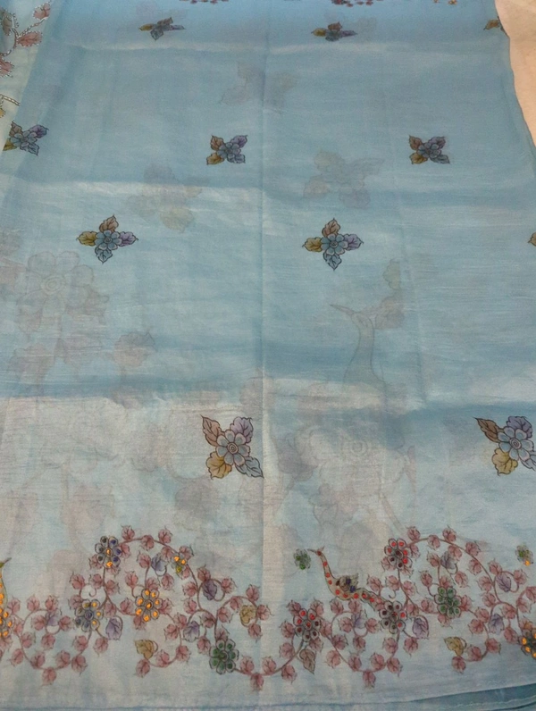 Tusser Crush With Digital & Hand Work  - sky blue