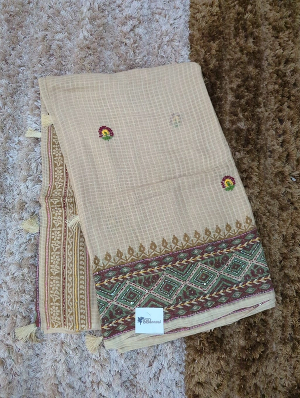 Mul Cotton With Handwork Blockprint - Bone