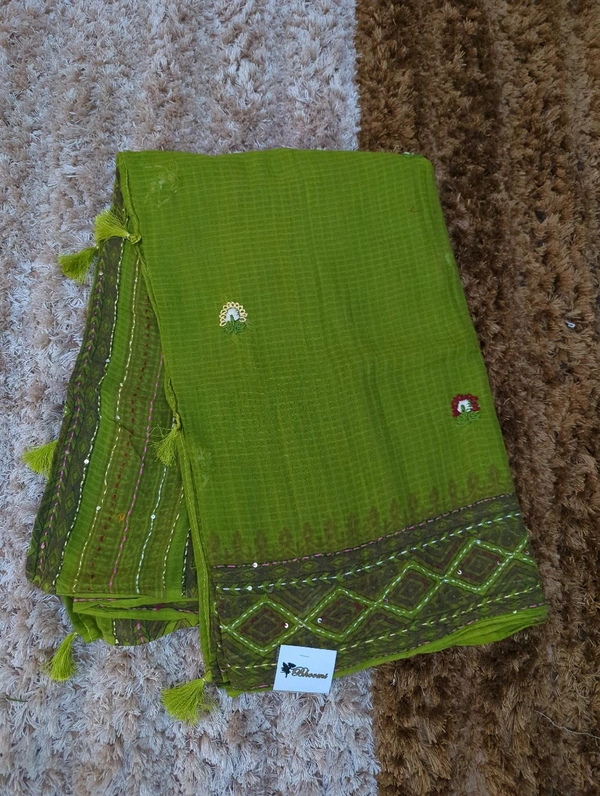 Mul Cotton With Handwork Blockprint - green