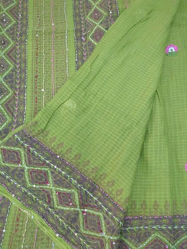 Mul Cotton With Handwork Blockprint - green