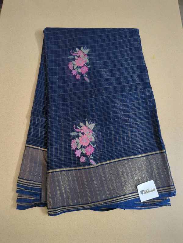 Pure Kora Aarani Silk Embroidery  - Navy Blue