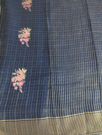 Pure Kora Aarani Silk Embroidery  - Navy Blue