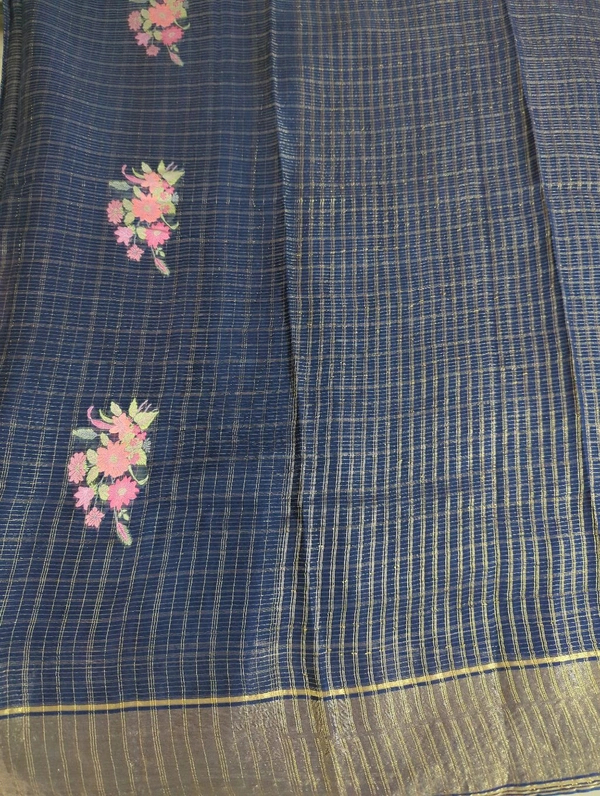 Pure Kora Aarani Silk Embroidery  - Navy Blue