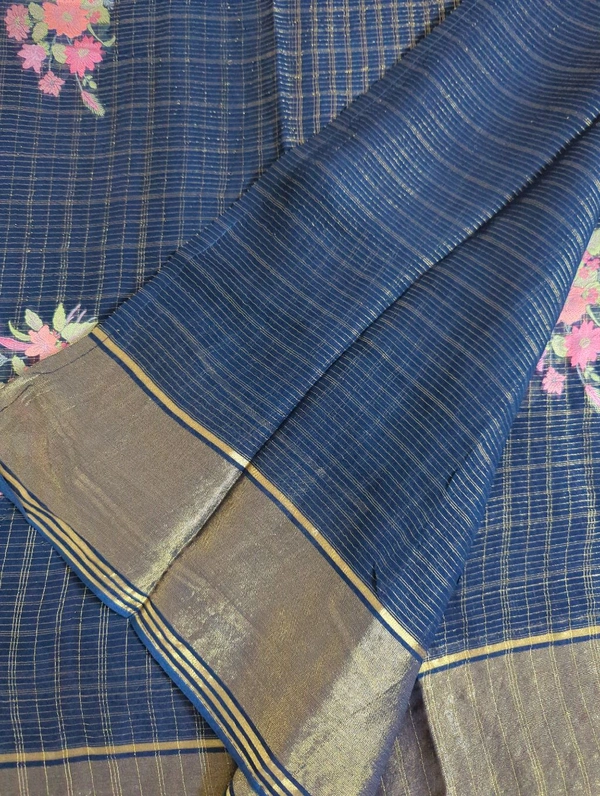 Pure Kora Aarani Silk Embroidery  - Navy Blue