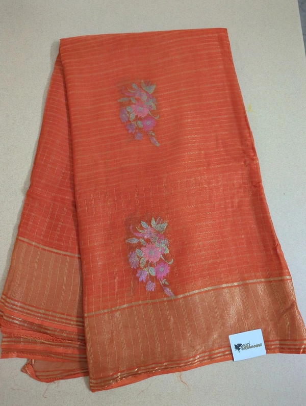 Pure Kora Aarani Silk Embroidery  - orange