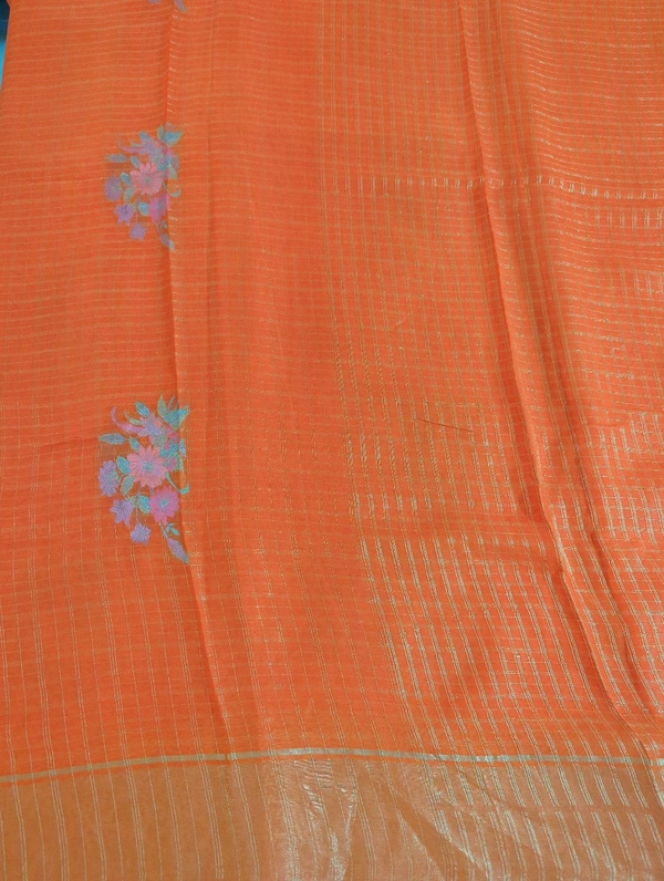 Pure Kora Aarani Silk Embroidery  - orange