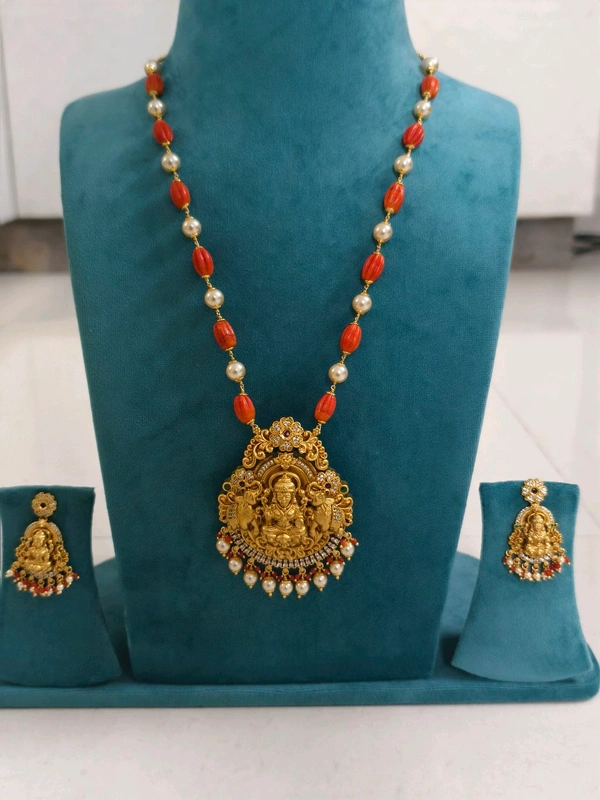 Real Corals , Swarovski Mala With Nakshi Pendant