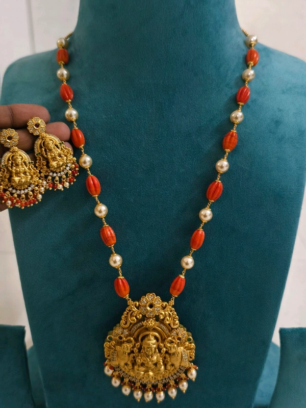 Real Corals , Swarovski Mala With Nakshi Pendant