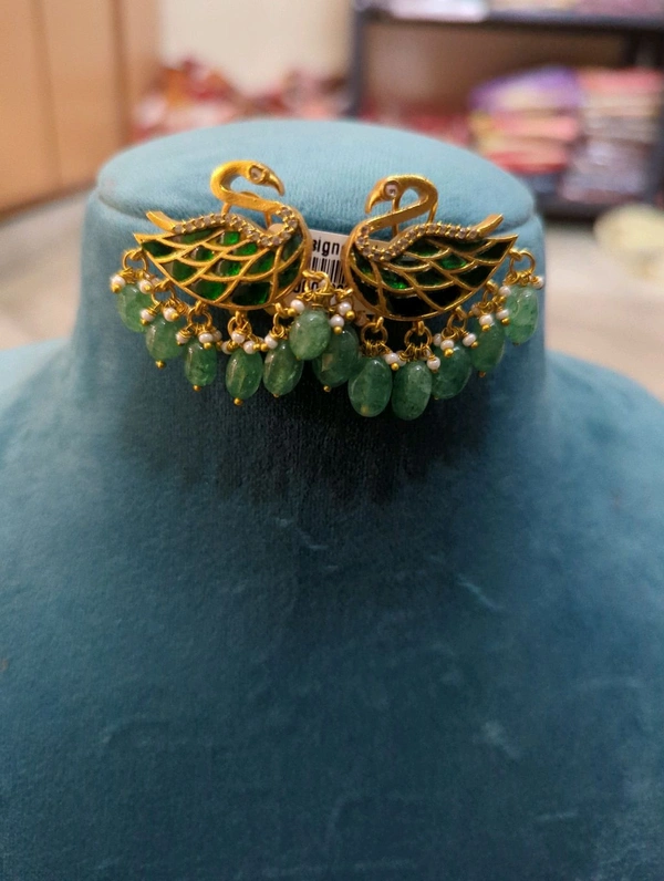 Designer Jadua Kundan Earrings  - Vz, green