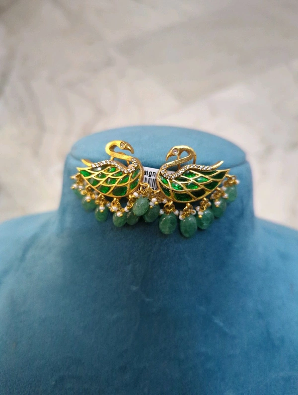 Designer Jadua Kundan Earrings  - Vz, green