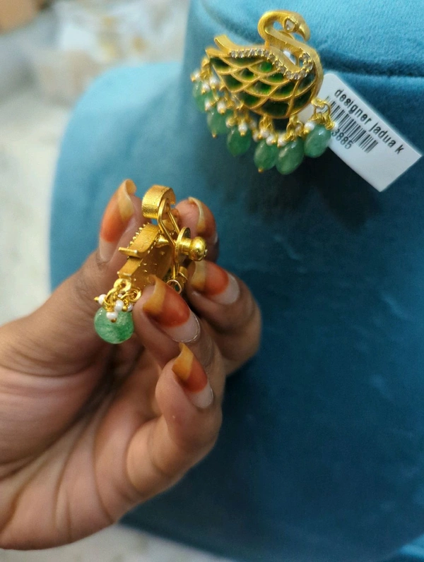 Designer Jadua Kundan Earrings  - Vz, green