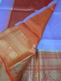 Pure Handloom Organza With Pure Raw Mango Blouse  - Blue Chalk