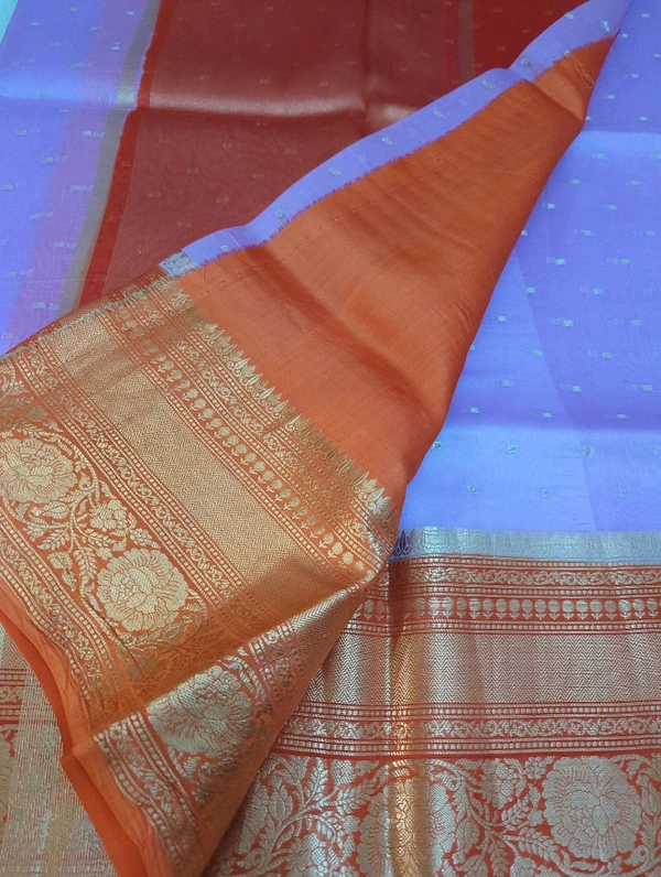 Pure Handloom Organza With Pure Raw Mango Blouse  - Blue Chalk