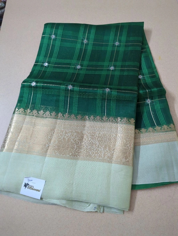 Pure Handloom Organza With Pure Raw Mango Blouse  - green