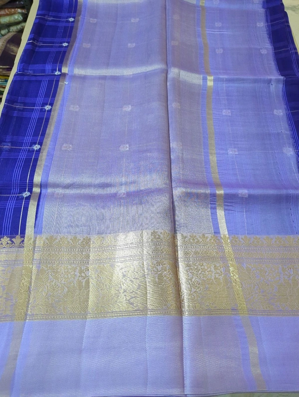 Pure Handloom Organza With Pure Raw Mango Blouse  - Blue Chalk