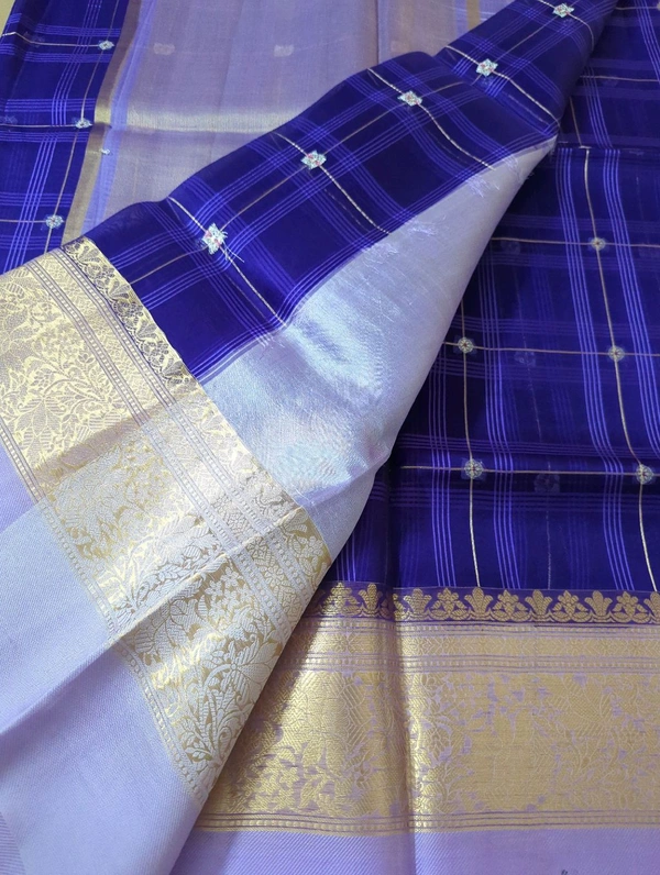 Pure Handloom Organza With Pure Raw Mango Blouse  - Blue Chalk