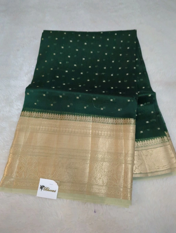 Pure Handloom Organza With Pure Raw Mango Blouse  - dark green