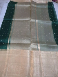 Pure Handloom Organza With Pure Raw Mango Blouse  - dark green