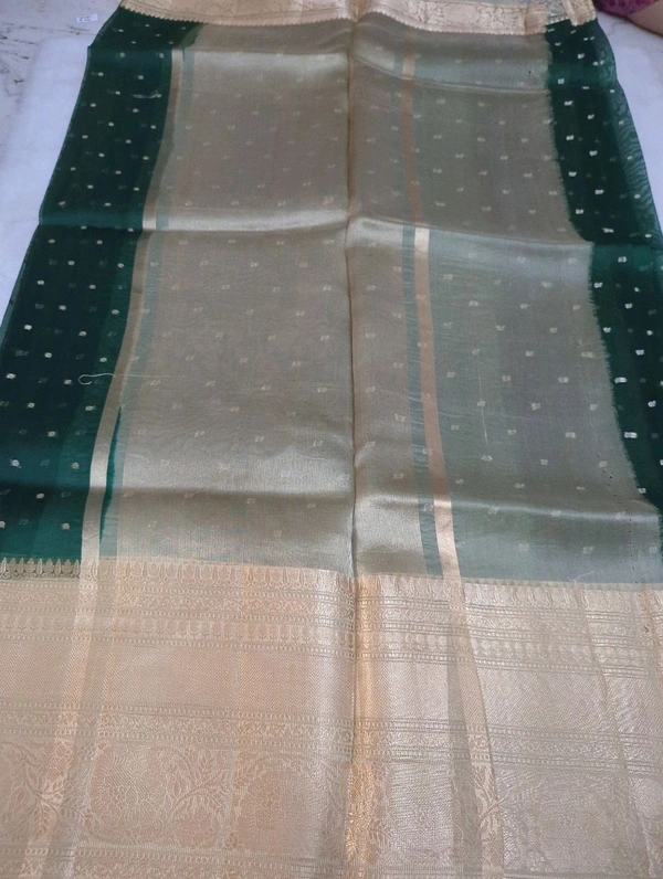 Pure Handloom Organza With Pure Raw Mango Blouse  - dark green