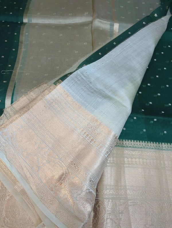 Pure Handloom Organza With Pure Raw Mango Blouse  - dark green