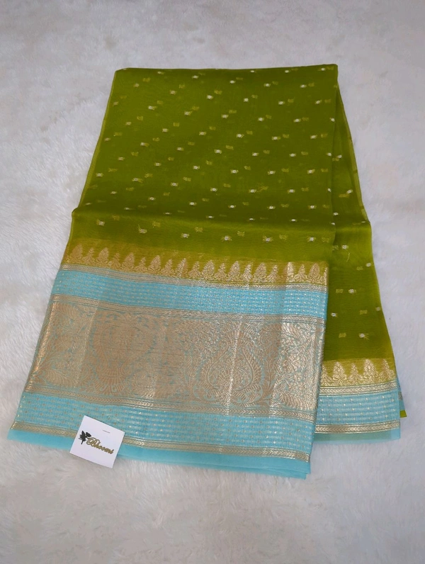Pure Handloom Organza With Pure Raw Mango Blouse  - Trendy Green