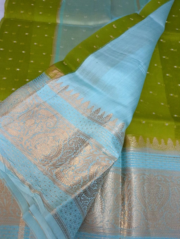Pure Handloom Organza With Pure Raw Mango Blouse  - Trendy Green