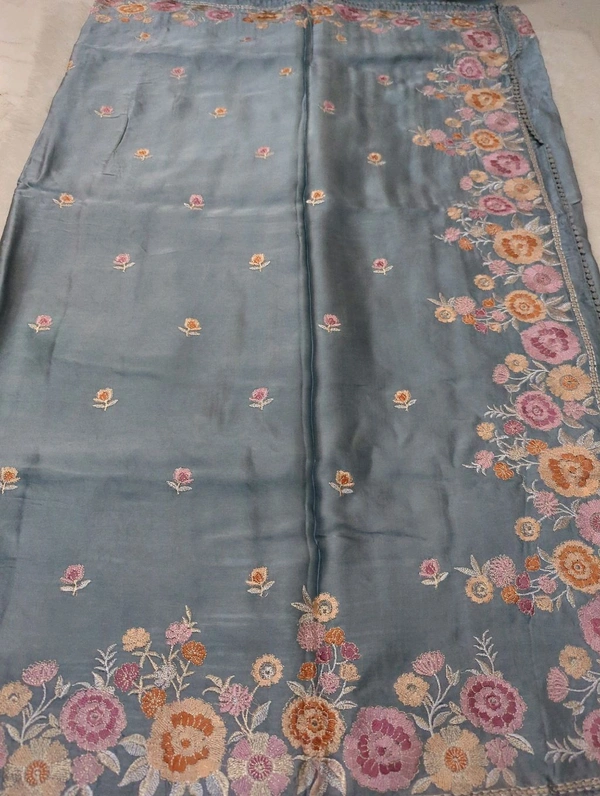 Pure Mushru Embroidery  - sky blue