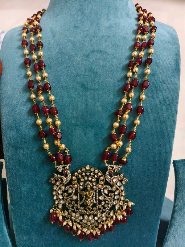 Handmade Beads Mala With Victorian , Krishna Pendant And Earrings 