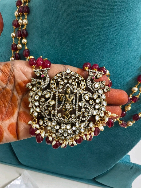 Handmade Beads Mala With Victorian , Krishna Pendant And Earrings 