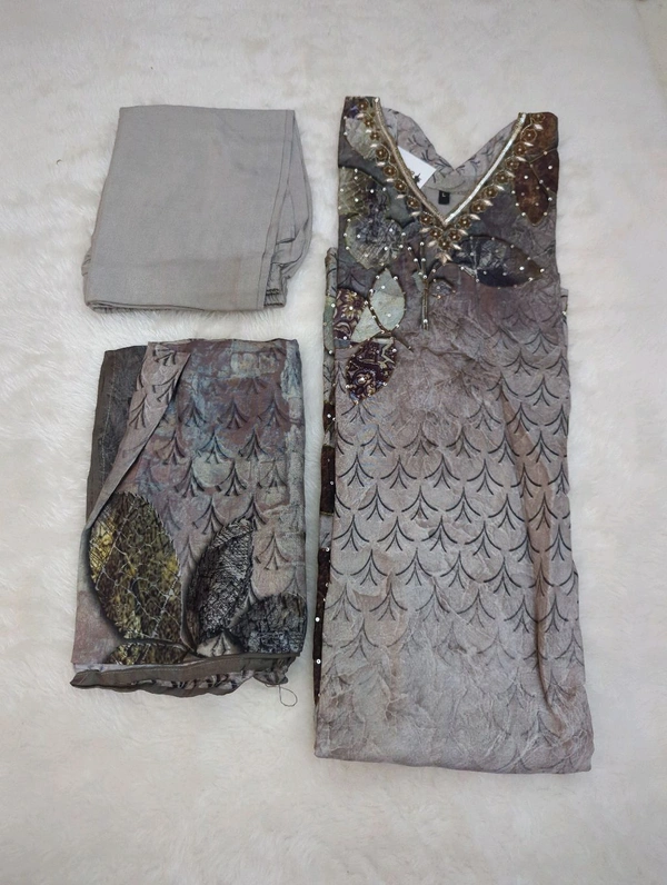 Pure Rayon 3 Piece Suit With Handwork  - Gray, 40