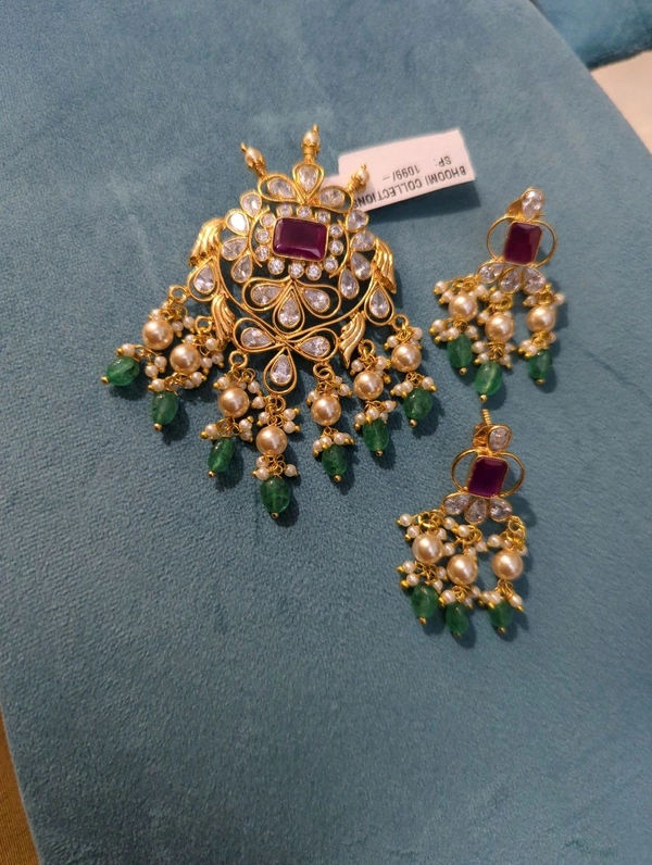 Gold Copy Polki Pendent Set  - Vz, pink