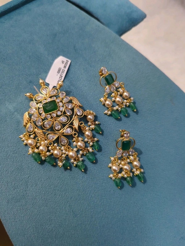 Gold Copy Polki Pendent Set  - Vz, green