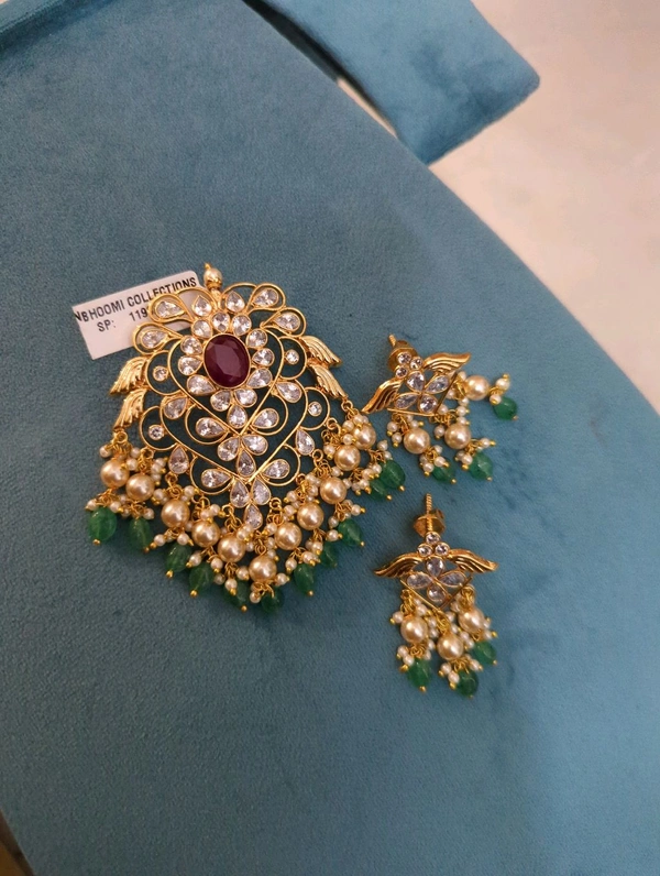 Gold Copy Polki Pendent Set  - Vz, Red