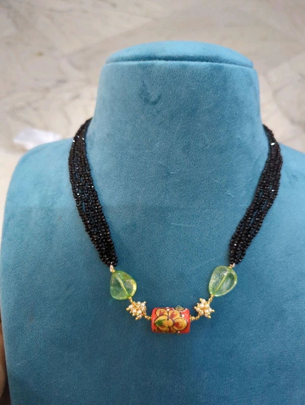 Unique Black Beads With Coral Meena Work  - Vz