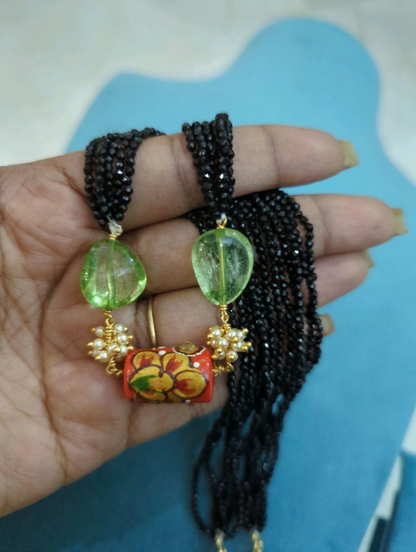 Unique Black Beads With Coral Meena Work  - Vz
