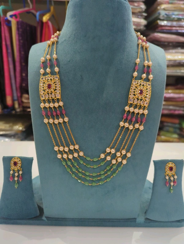 Real Gold Copy Polki Set With Real Beads  - HD