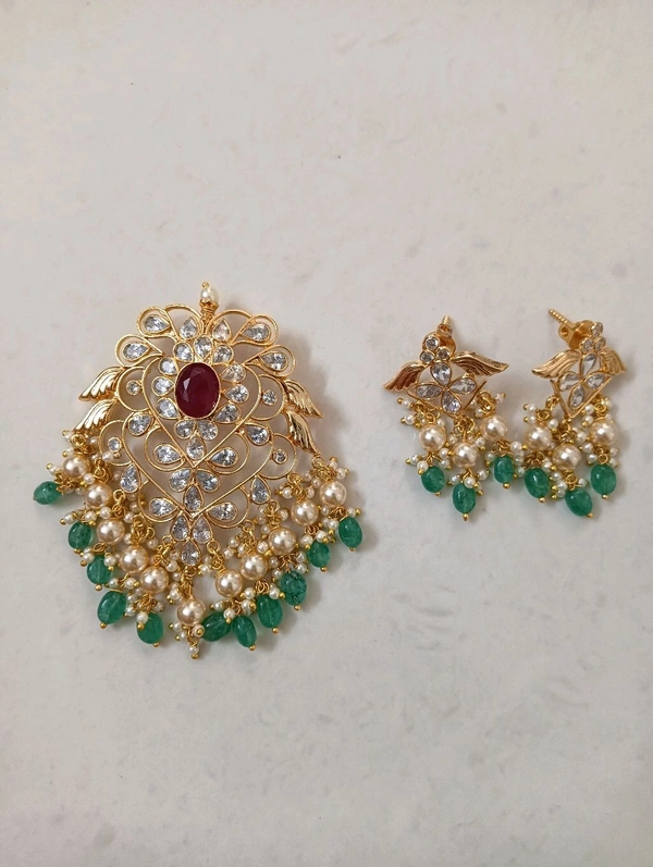 Gold Copy Polki Pendent Set  - Hd, Red