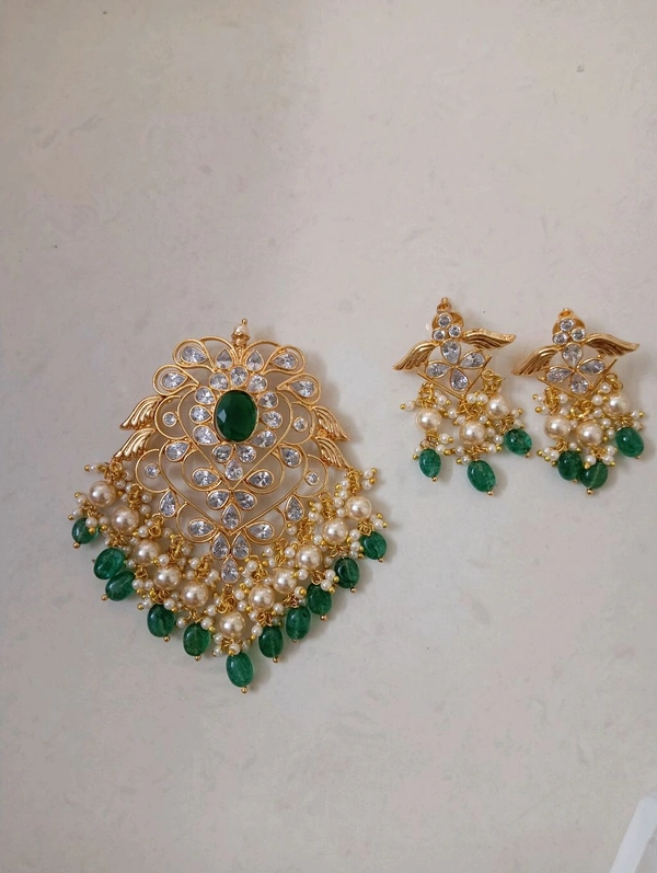 Gold Copy Polki Pendent Set  - Hd, green