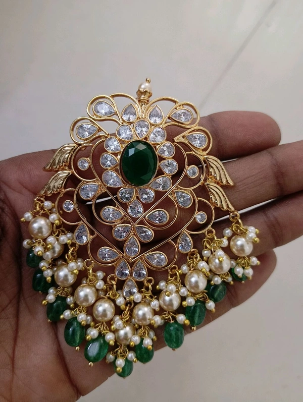 Gold Copy Polki Pendent Set  - Hd, green
