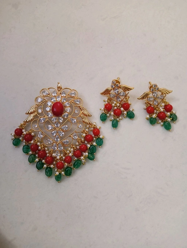Gold Copy Polki Pendent Set  - Hd, orange