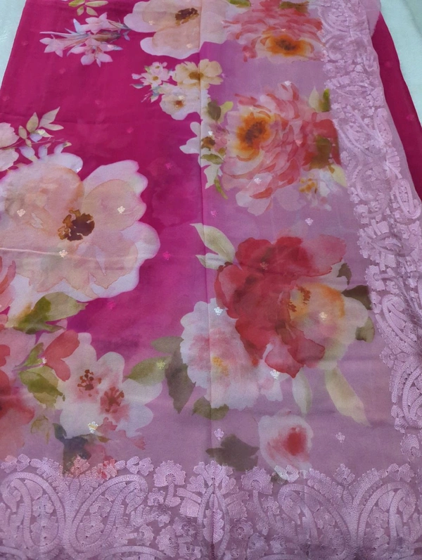 Pure Georgette Embroidery  - Hot Pink