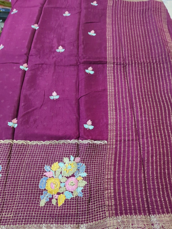 Pure Chinnon Designer With Embroidery  - maroon