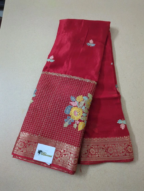 Pure Chinnon Designer With Embroidery  - Red