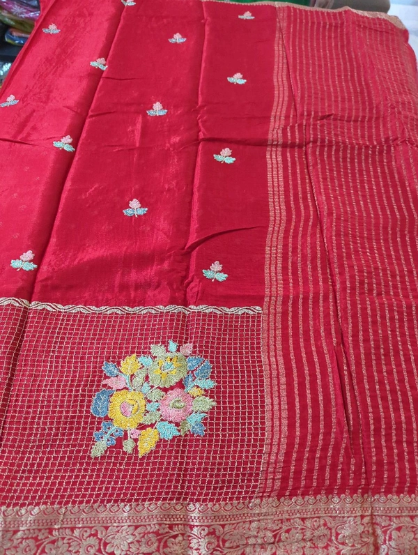 Pure Chinnon Designer With Embroidery  - Red