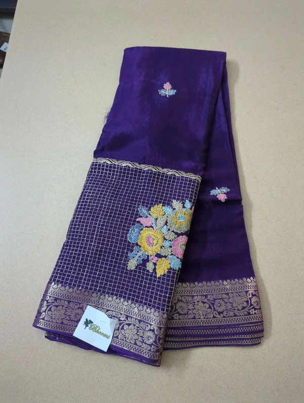 Pure Chinnon Designer With Embroidery  - Pigment Indigo