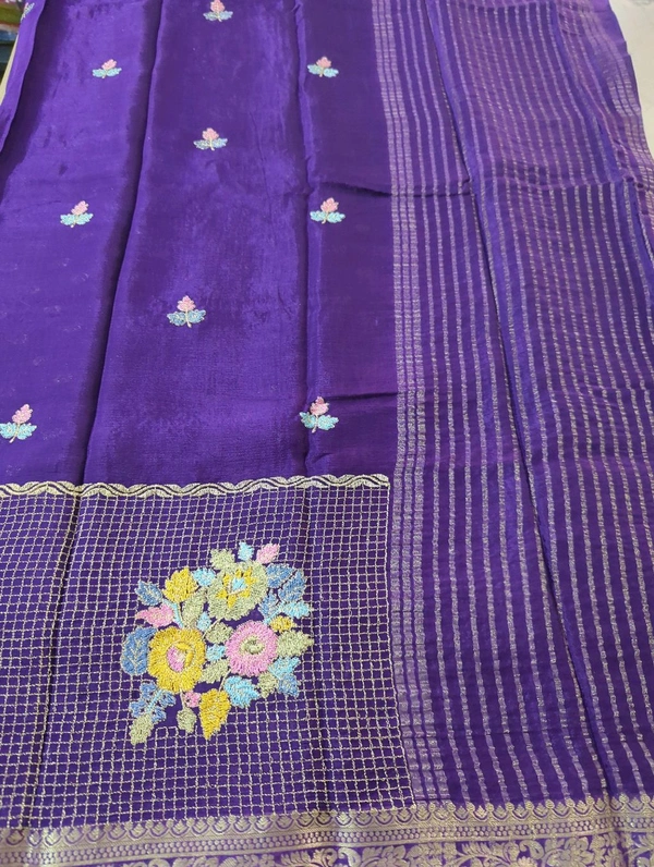 Pure Chinnon Designer With Embroidery  - Pigment Indigo