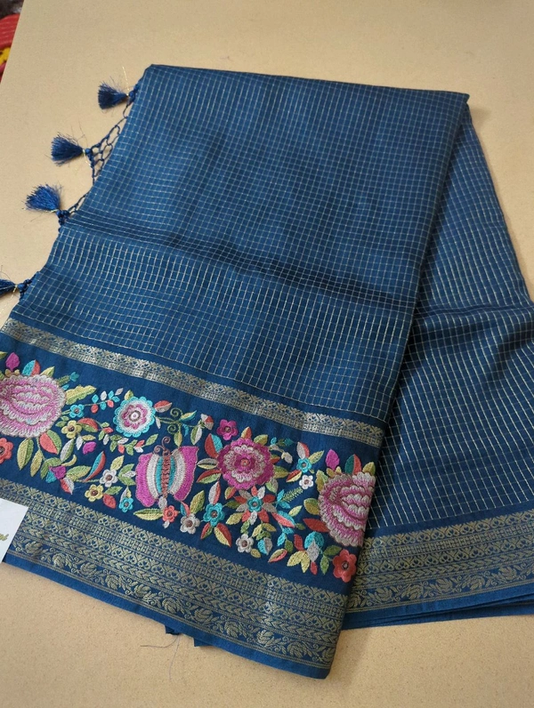 Pure Dola Checks Embroidery - blue